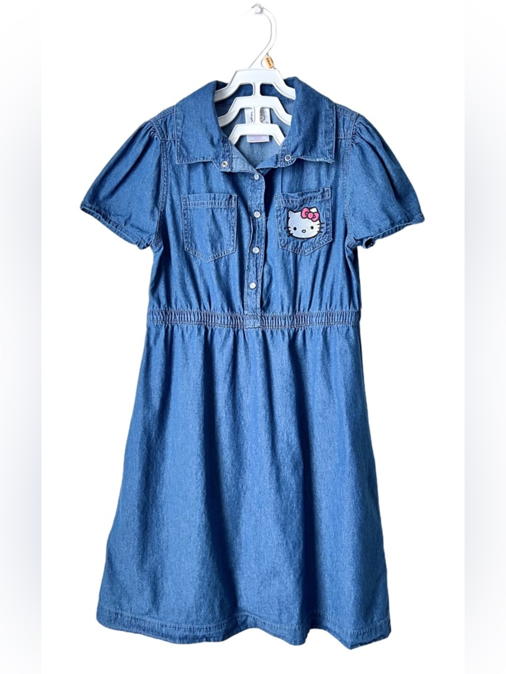 Hello Kitty Denim Dress Girls Size 12 Blue Snap Front Cotton Sanrio Cute